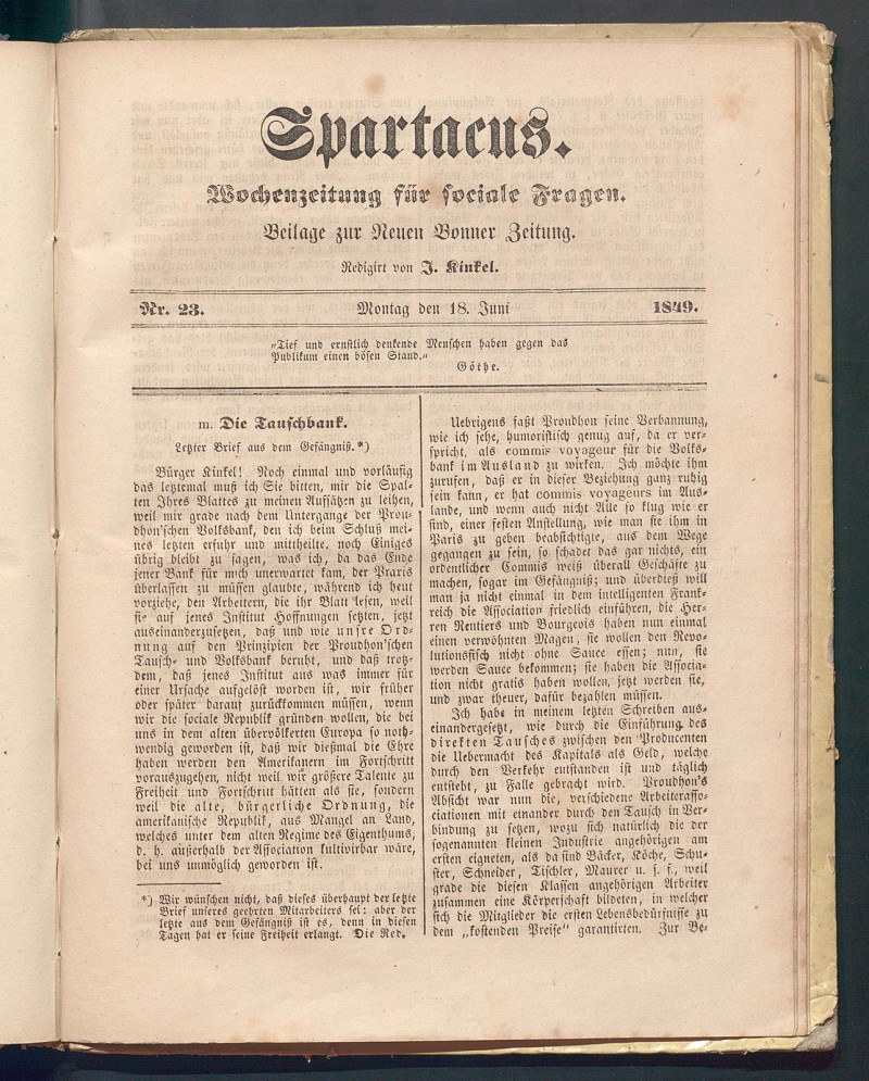 Anonymous article by Arnold for the weekly Spartacus on the need for an economic system characterized by socialist solidarity. © Universitäts- und Landesbibliothek Bonn.